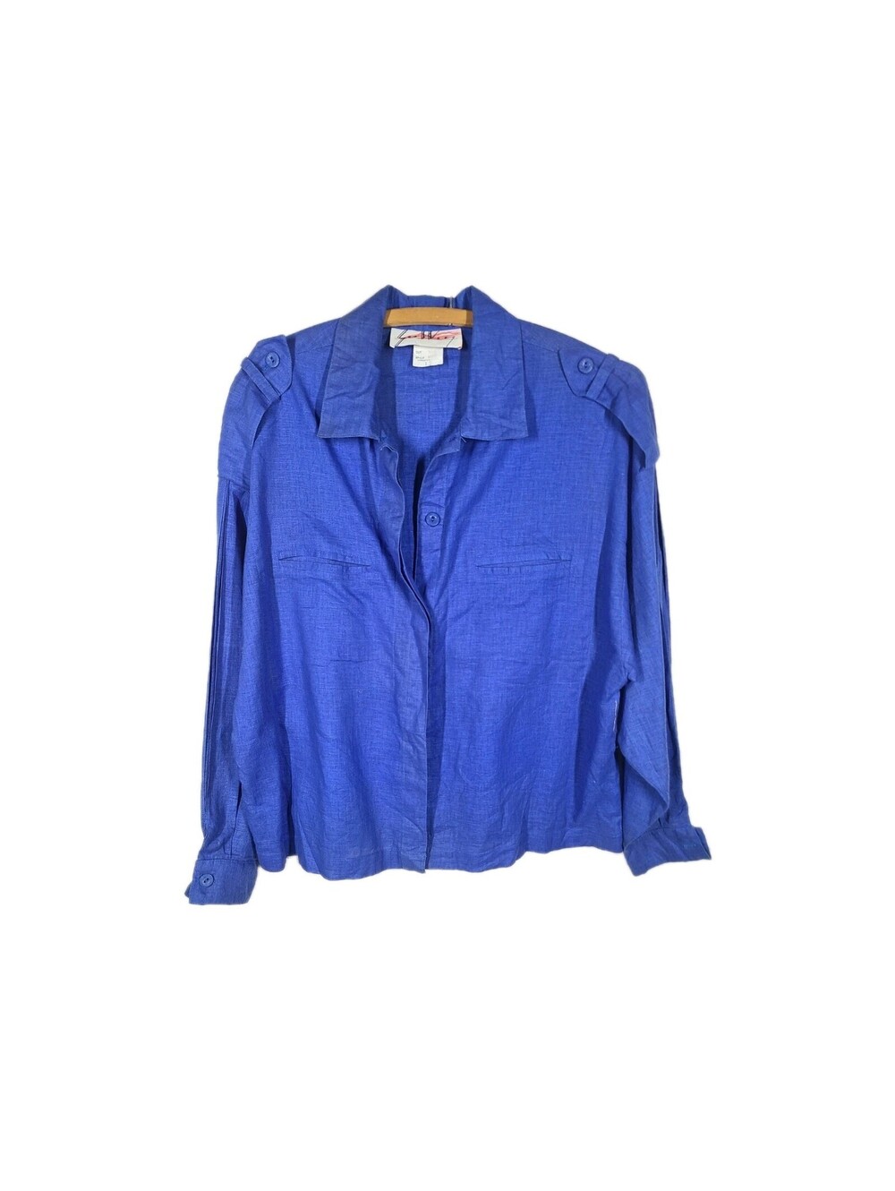 Vtg 80s Linen Blend Button Up Epaulette 12 Shoulder Pads Cobalt Blue Sheer Retro